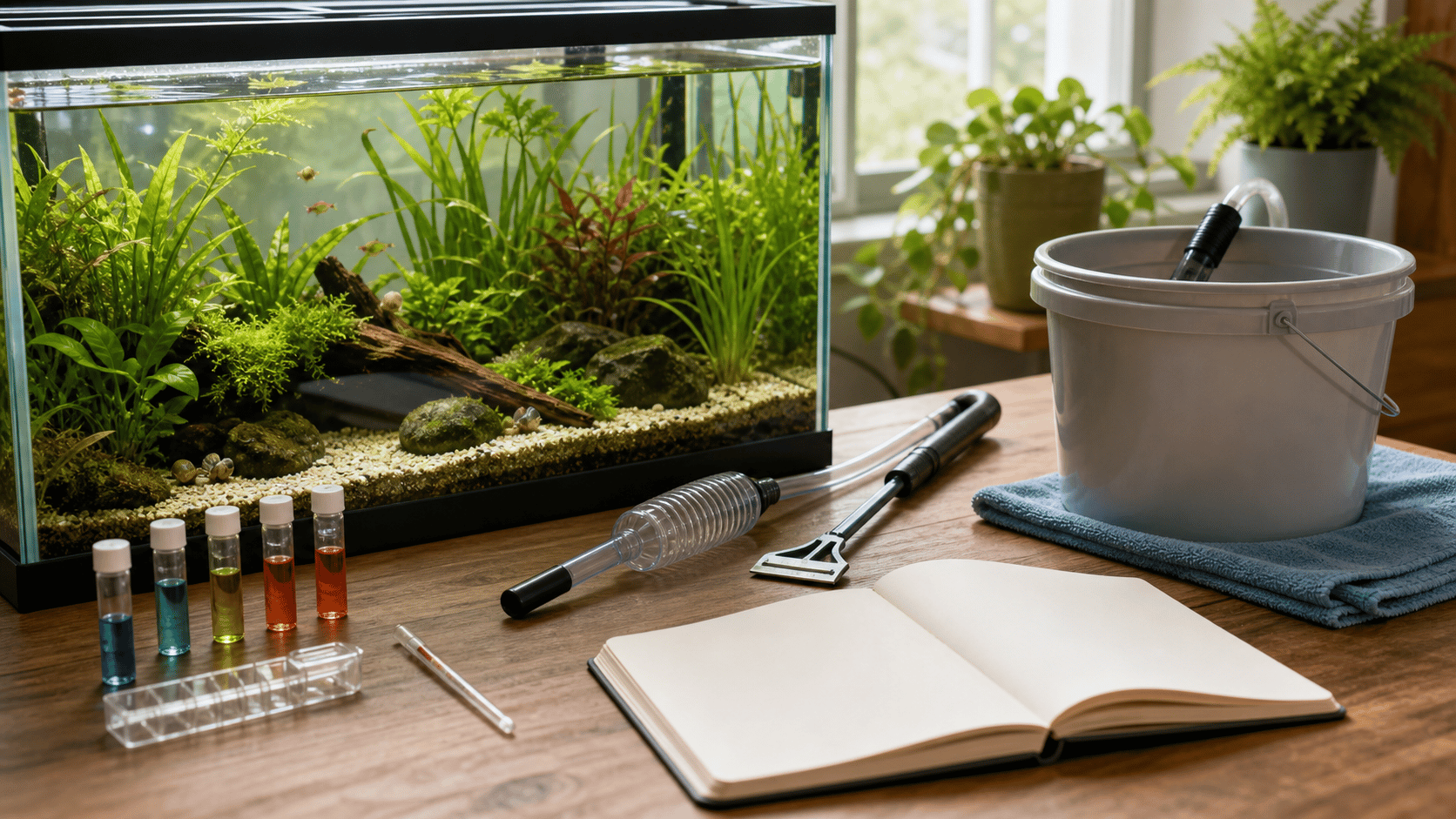 Planted aquarium with maintenance tools arranged for care planning