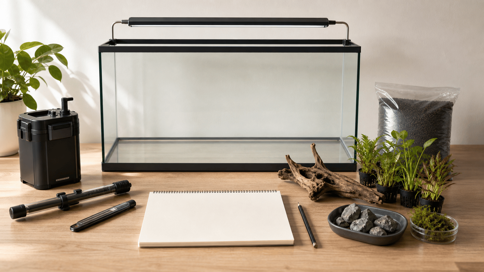 Empty aquarium and equipment arranged for setup planning