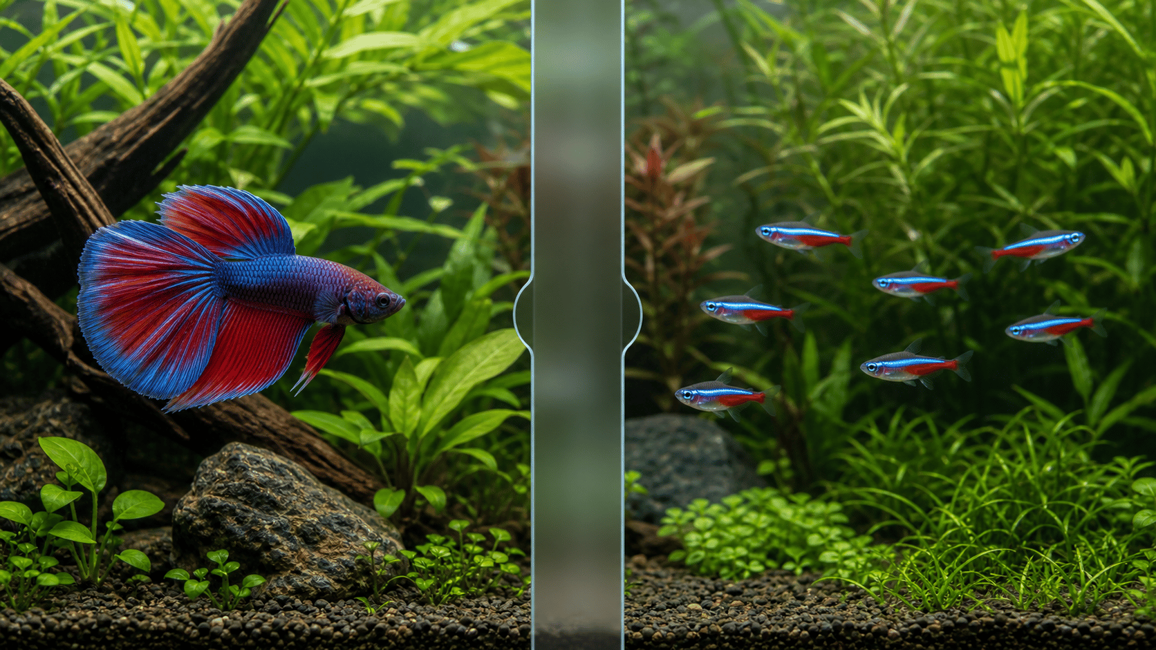 Betta fish and neon tetras shown in a neutral side-by-side comparison
