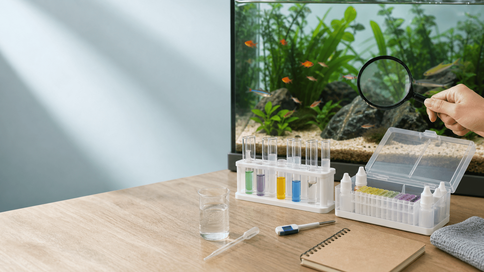 Aquarium water testing kit beside a planted freshwater tank