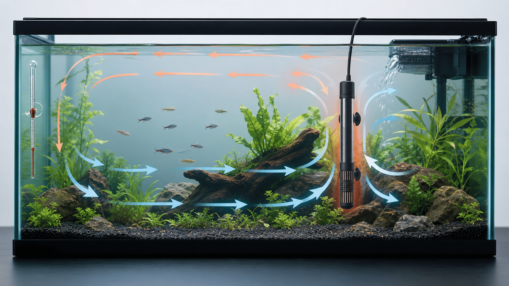 An aquarium heater near filter flow with arrows illustrating water circulation