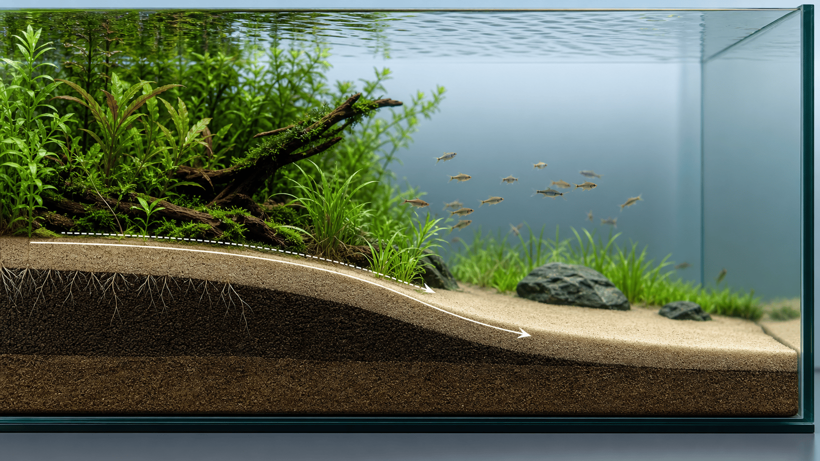 A planted aquarium cross-section showing a sloped substrate bed and rooted plants