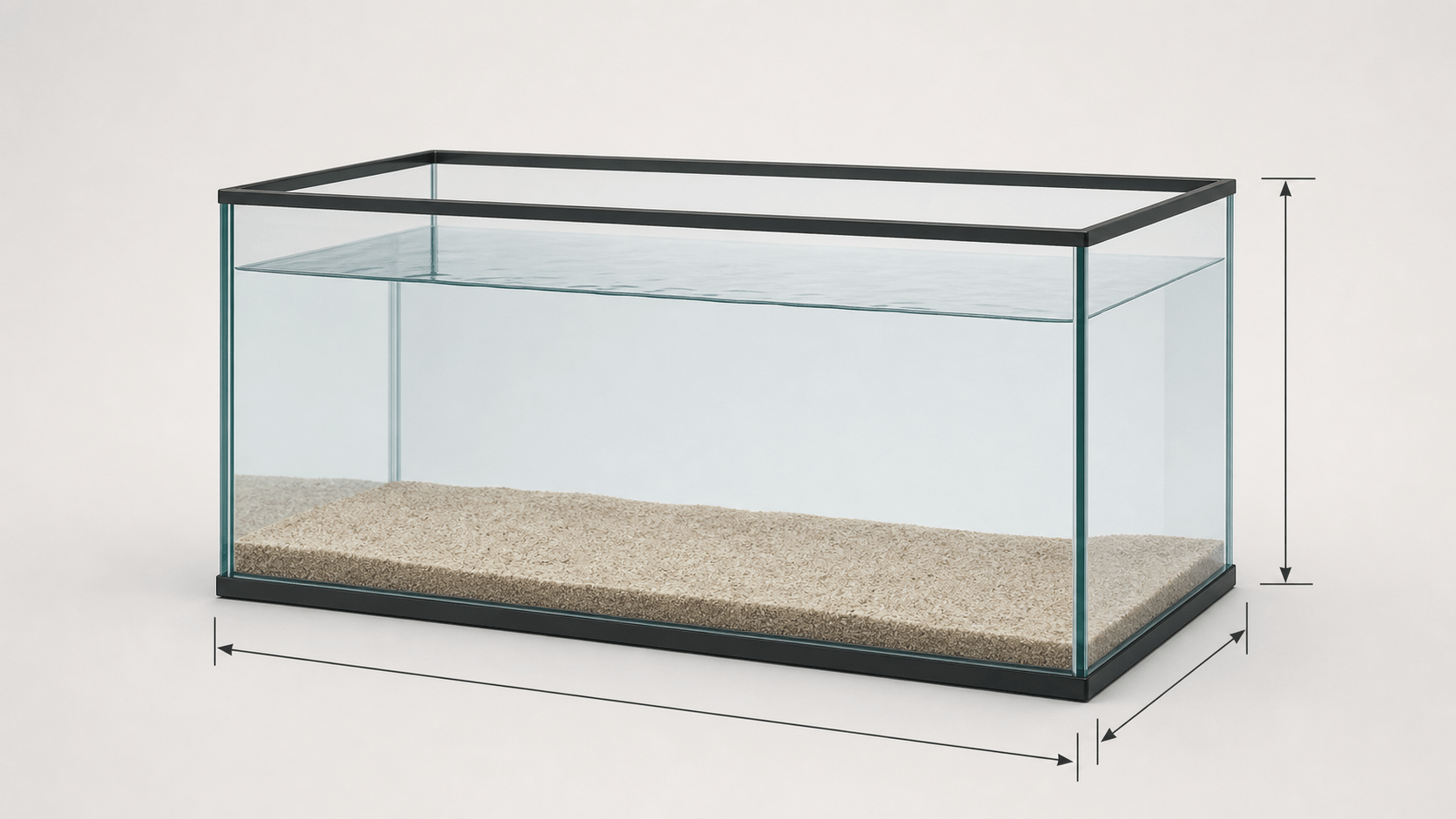A rectangular aquarium with arrows illustrating length, width, and height