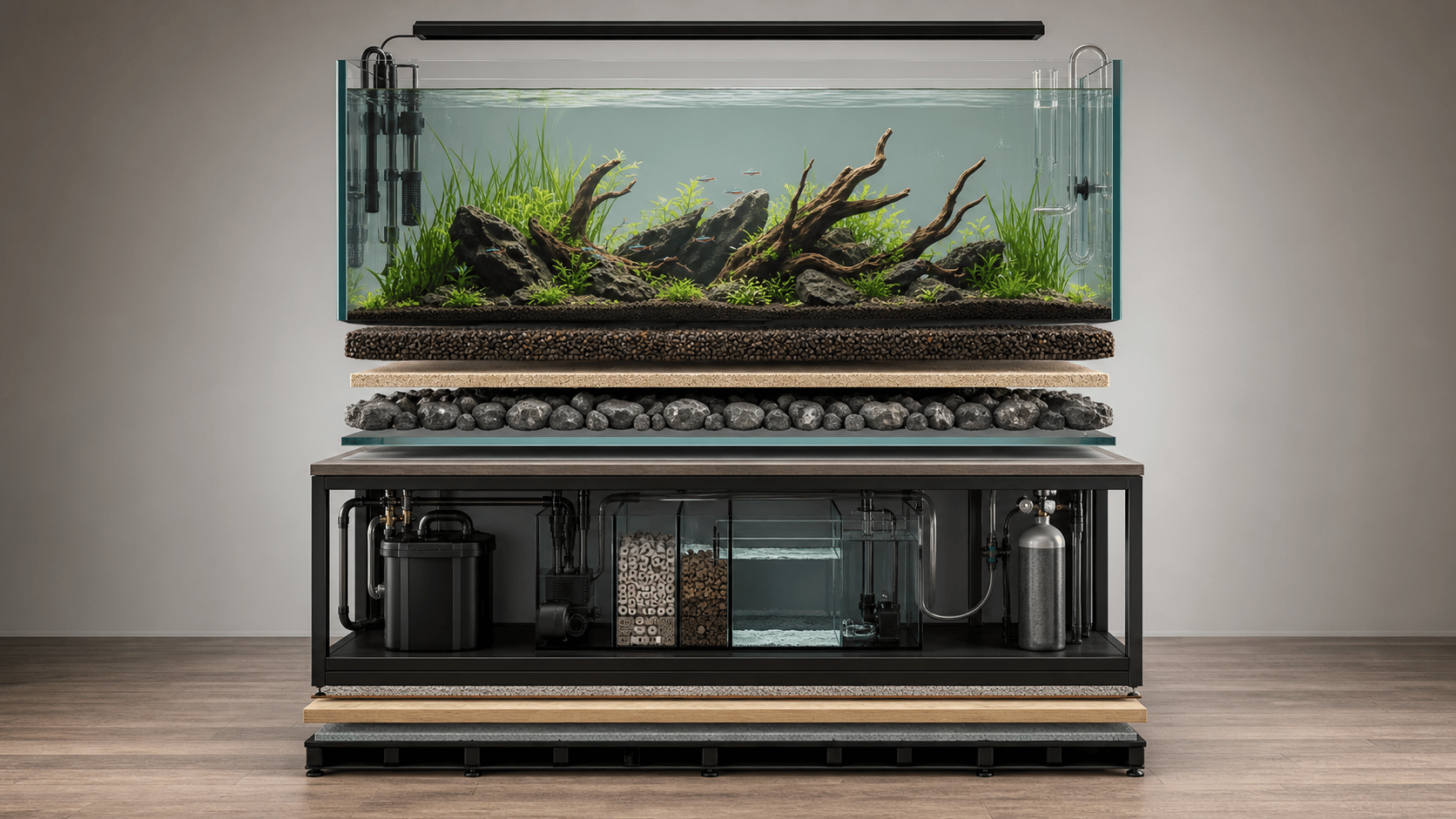 A cutaway aquarium system showing tank, substrate, hardscape, equipment, and stand