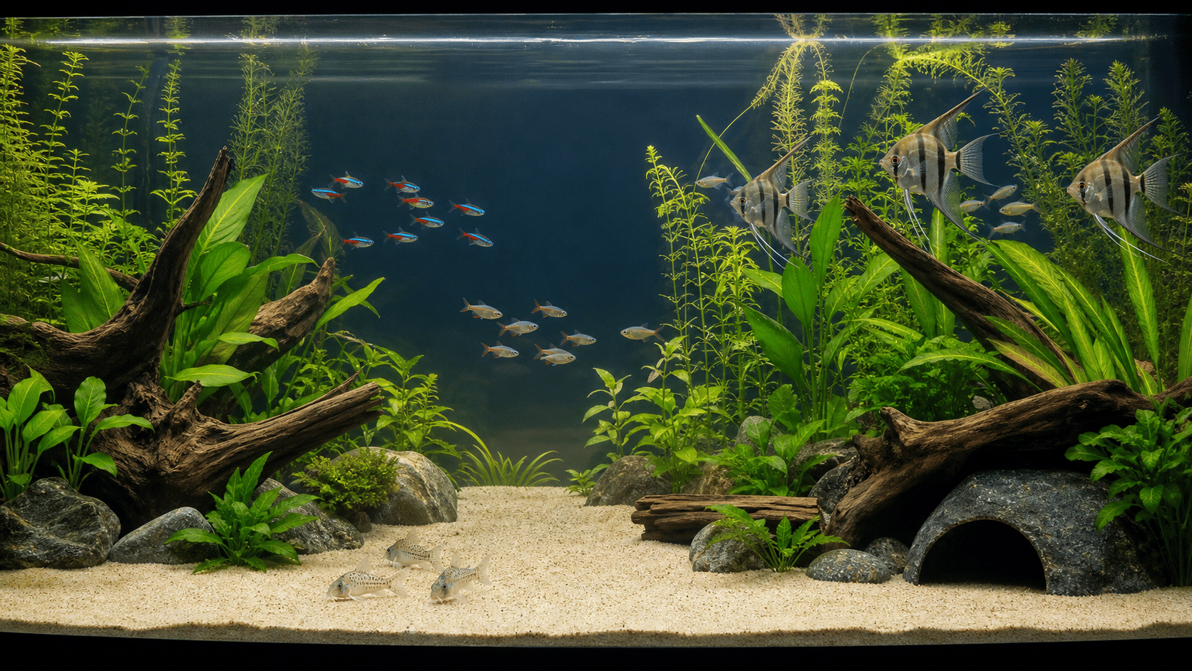 A spacious planted community aquarium with distinct swimming and shelter areas