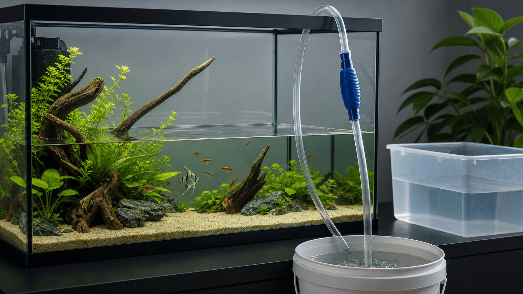 A partial aquarium water change using a siphon and a replacement-water container