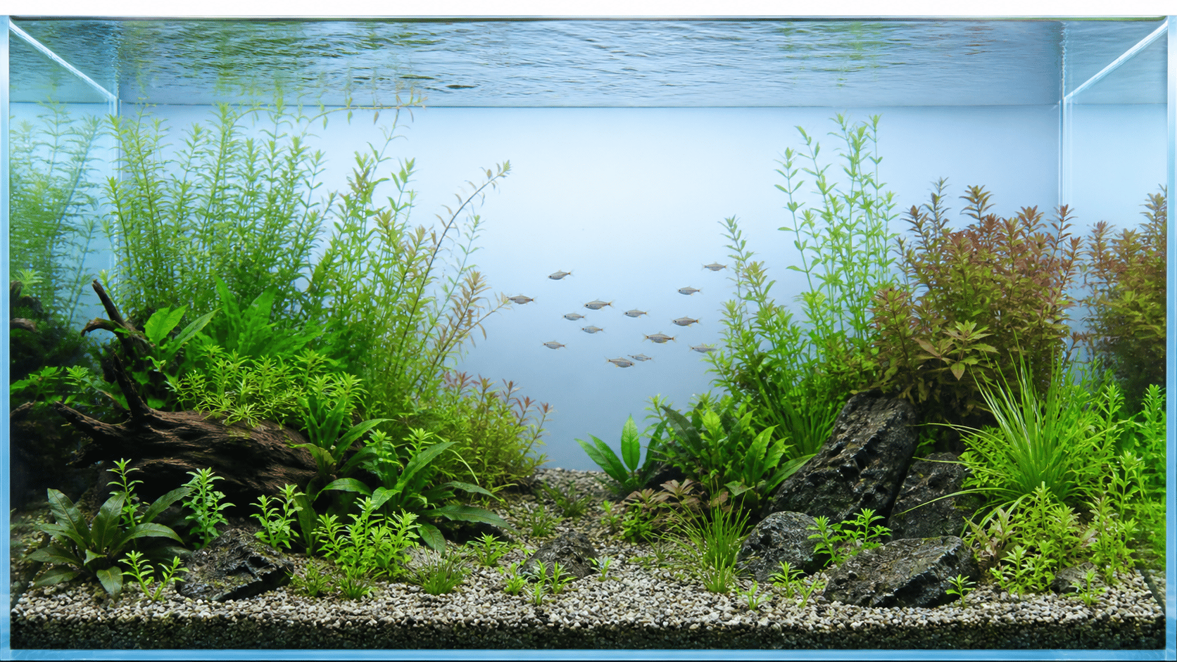 Planted freshwater aquarium with an open midwater swimming lane