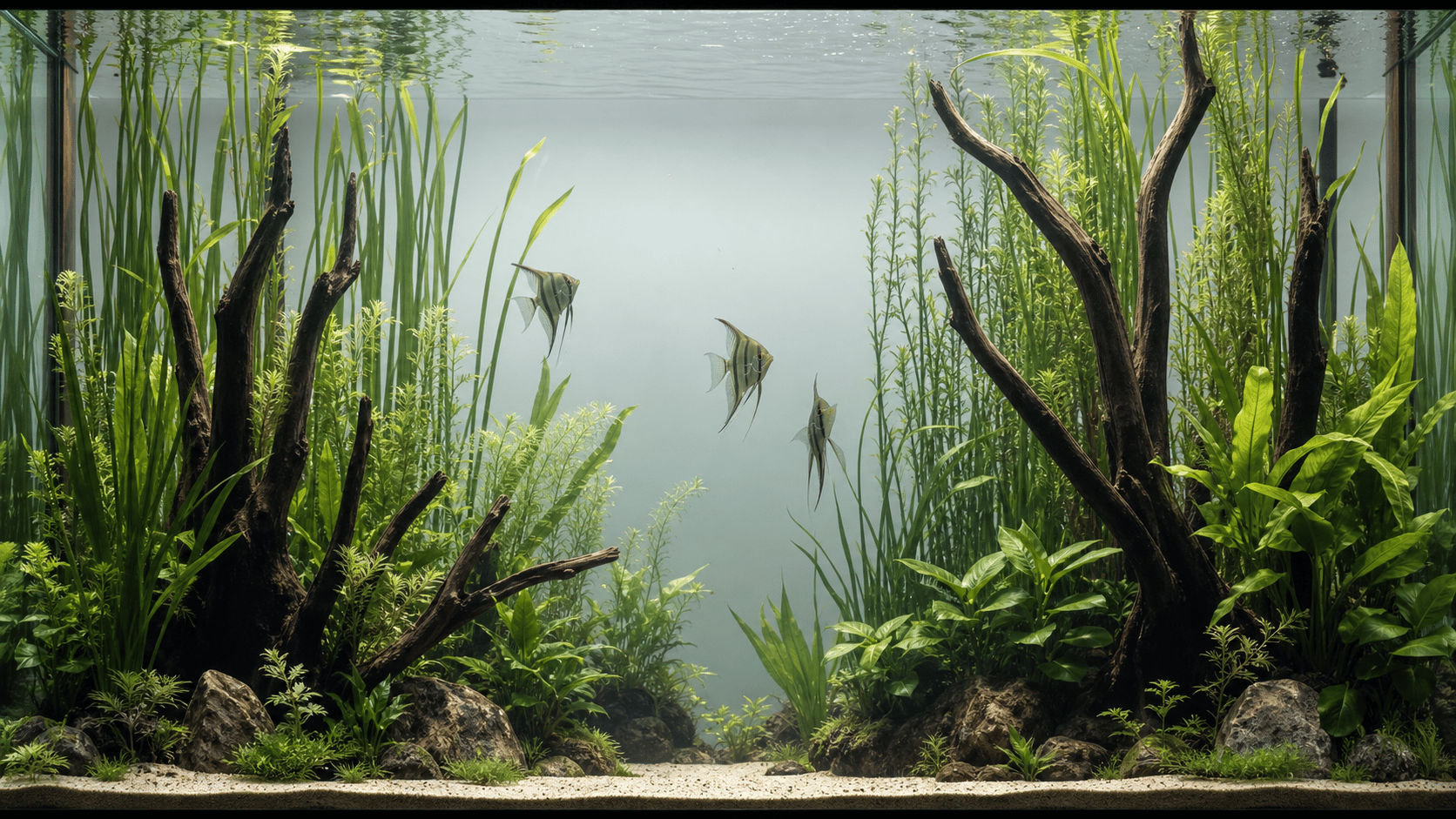 Tall planted aquarium with vertical swimming space and upright driftwood
