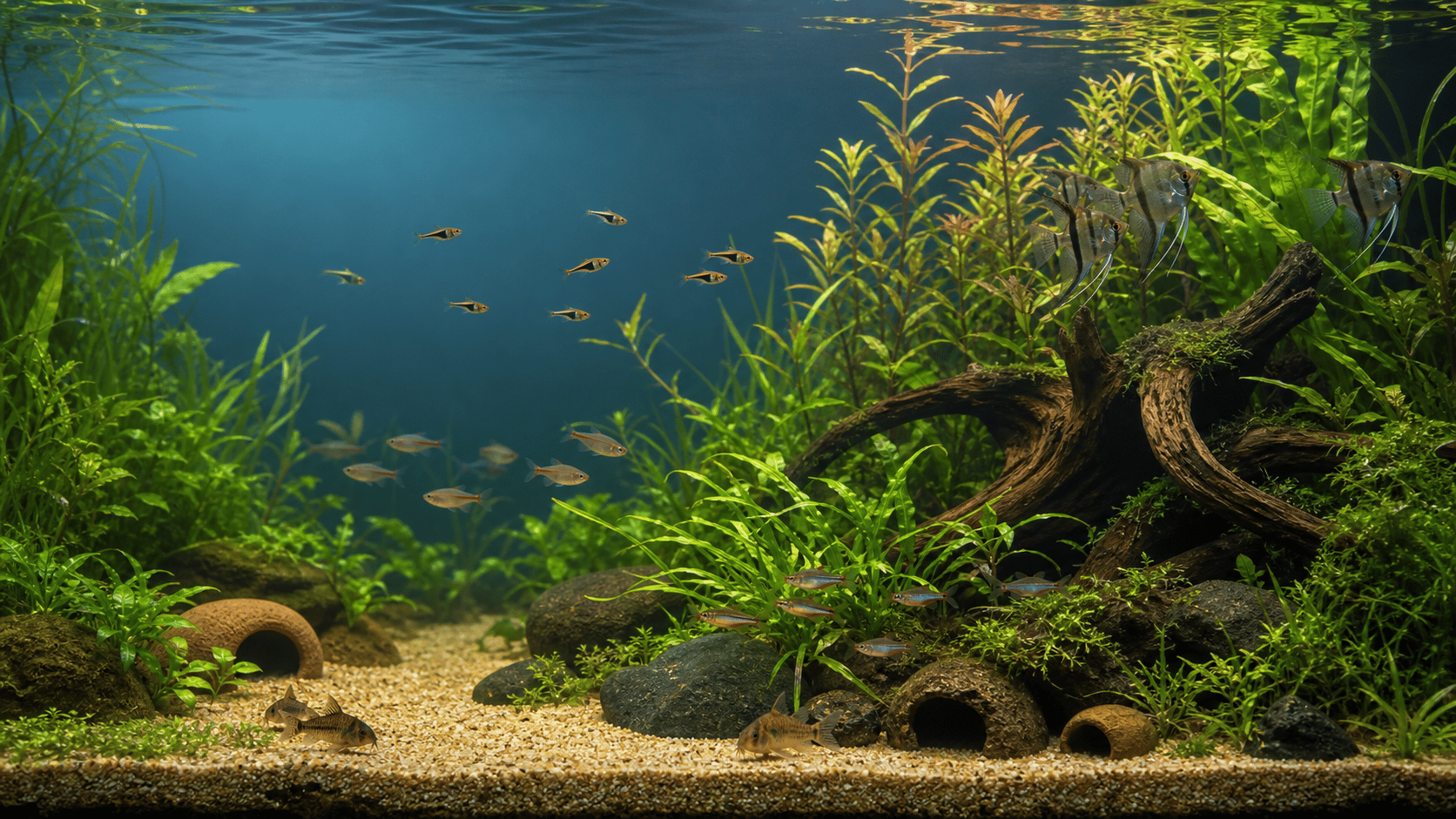 A mature planted freshwater community aquarium with open swimming space and hiding areas