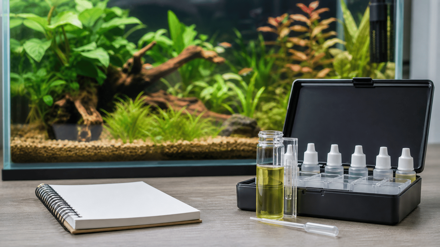 An aquarium water-testing kit and sample vial beside a planted aquarium