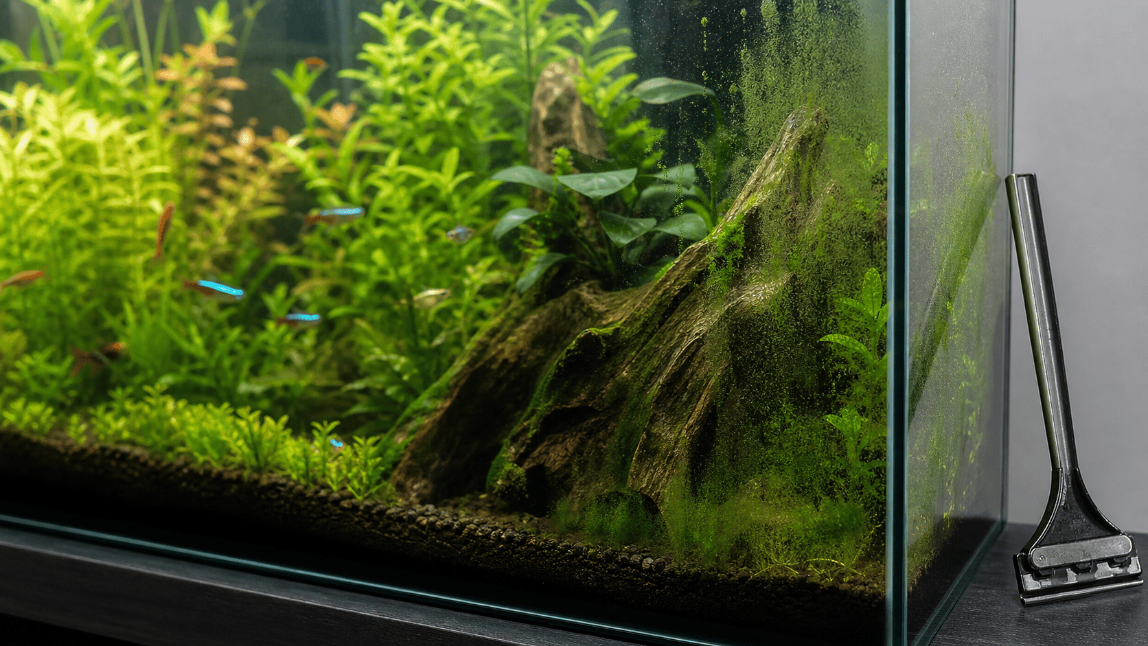 Green algae on aquarium glass and driftwood beside an algae scraper