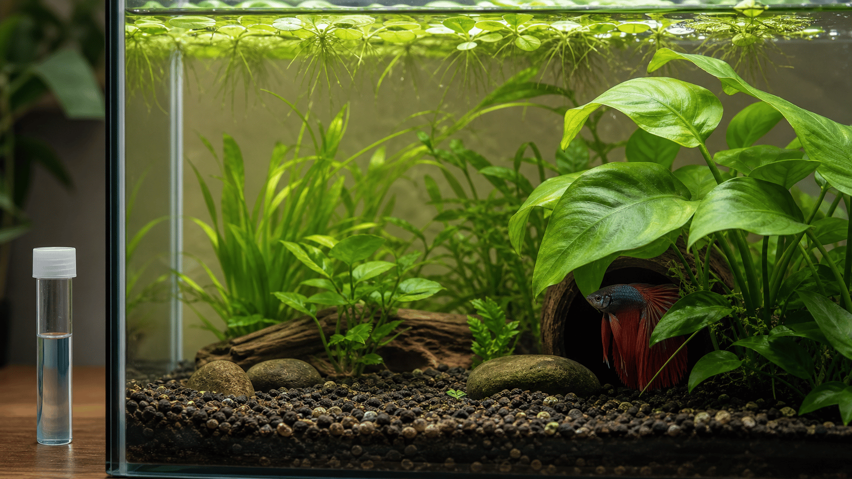 A male betta resting beneath broad-leaf cover in a planted aquarium