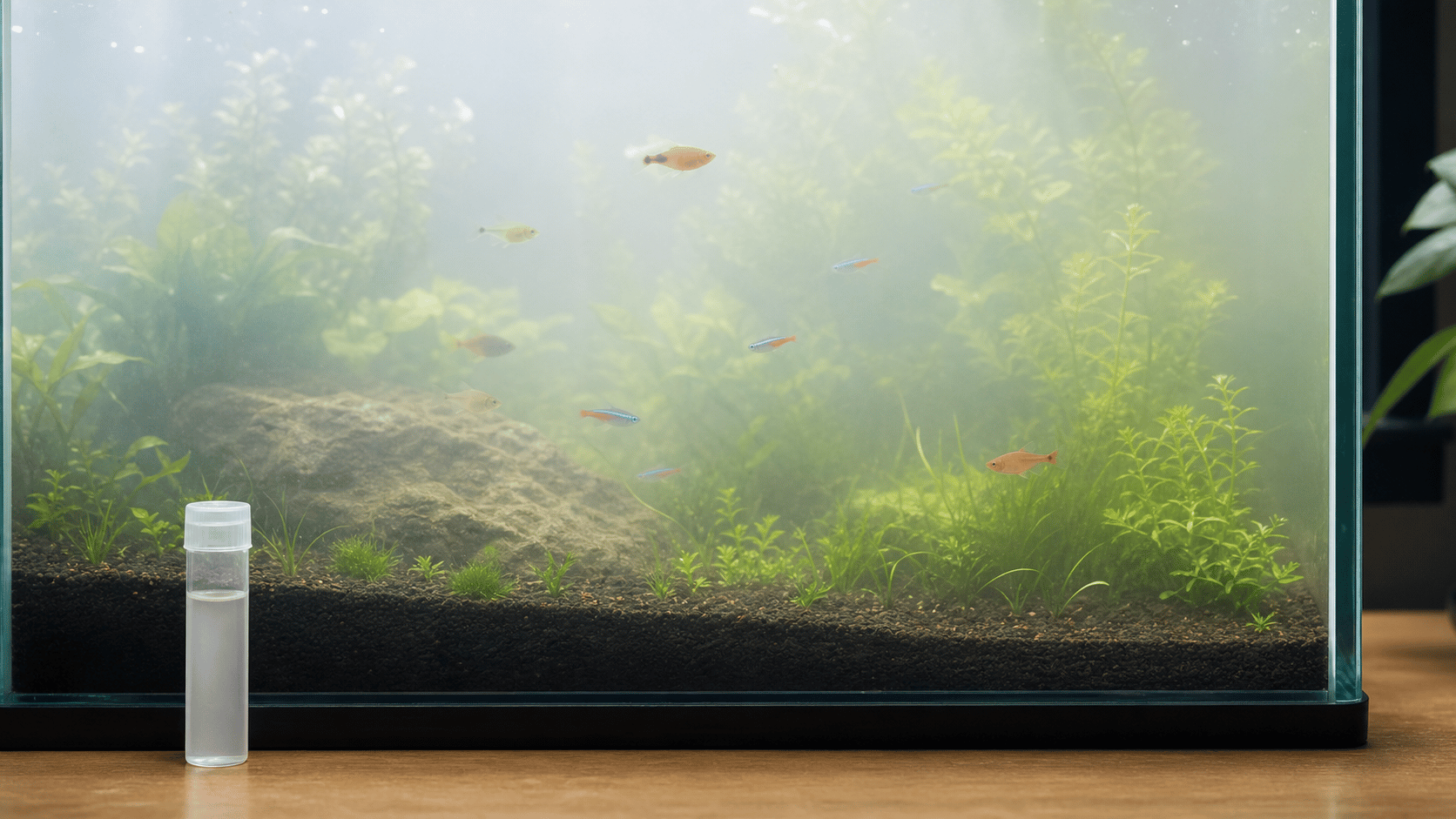 A planted aquarium with visibly cloudy water and a water sample vial