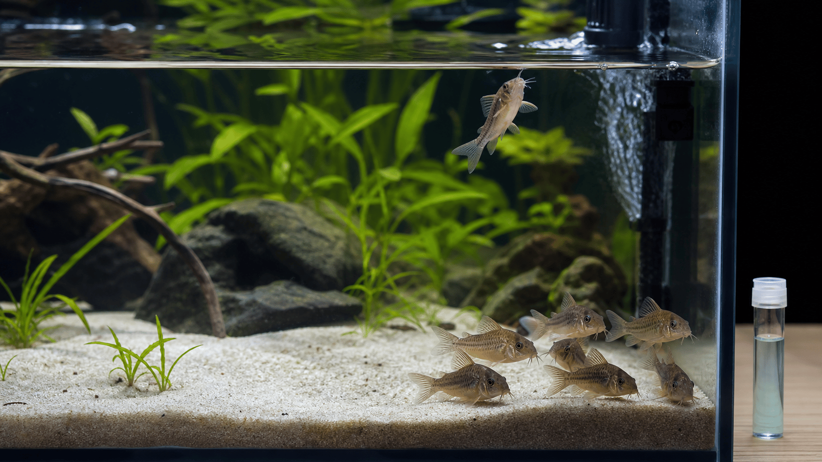 A Corydoras approaching the water surface while its group rests on fine sand