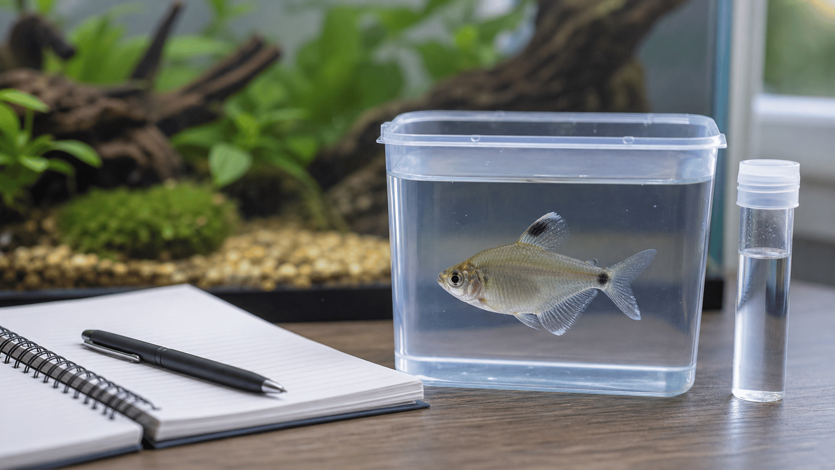 A temporary fish observation container with a water sample and care log