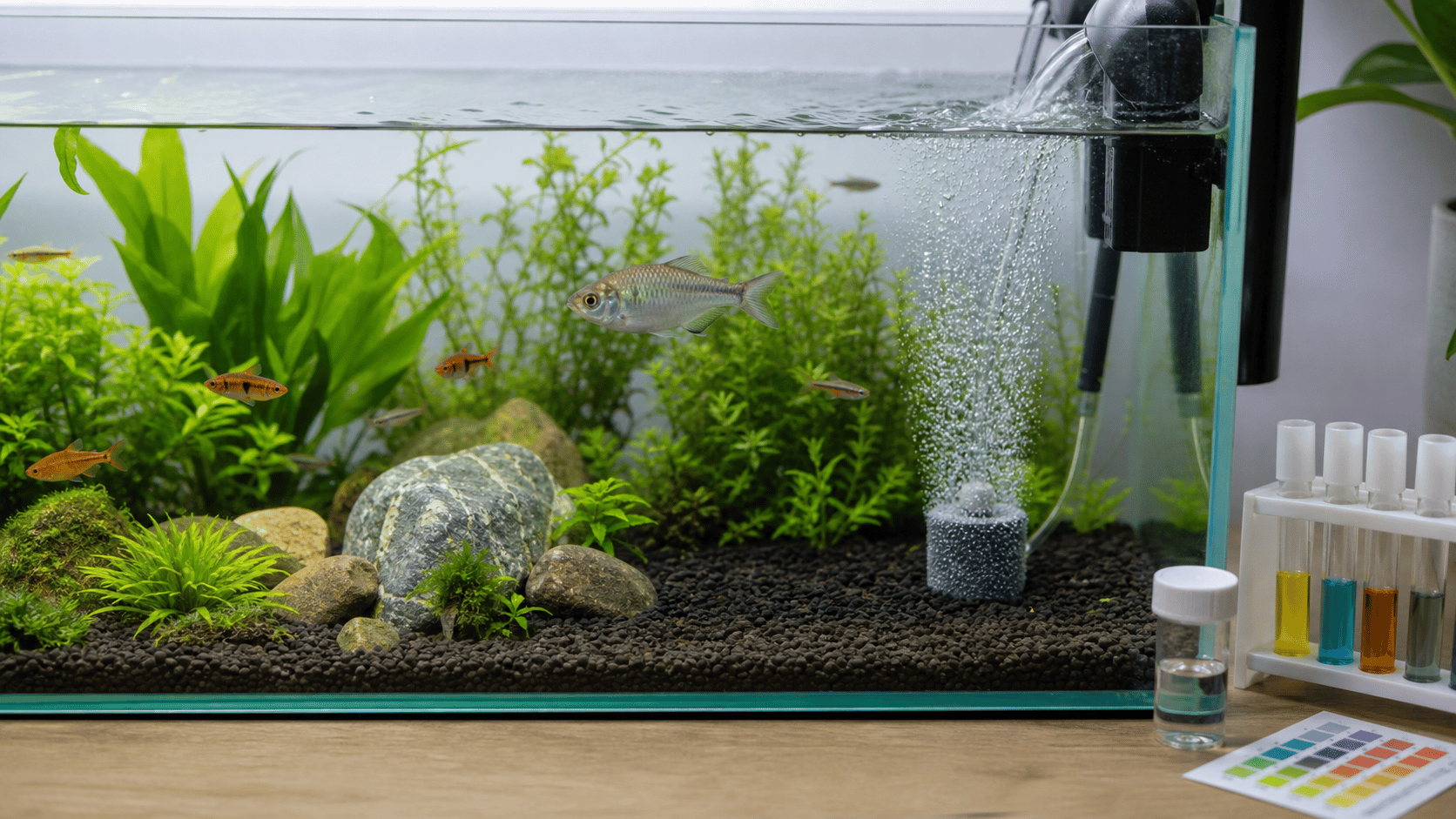 An aquarium with gentle aeration and water-testing supplies for observation