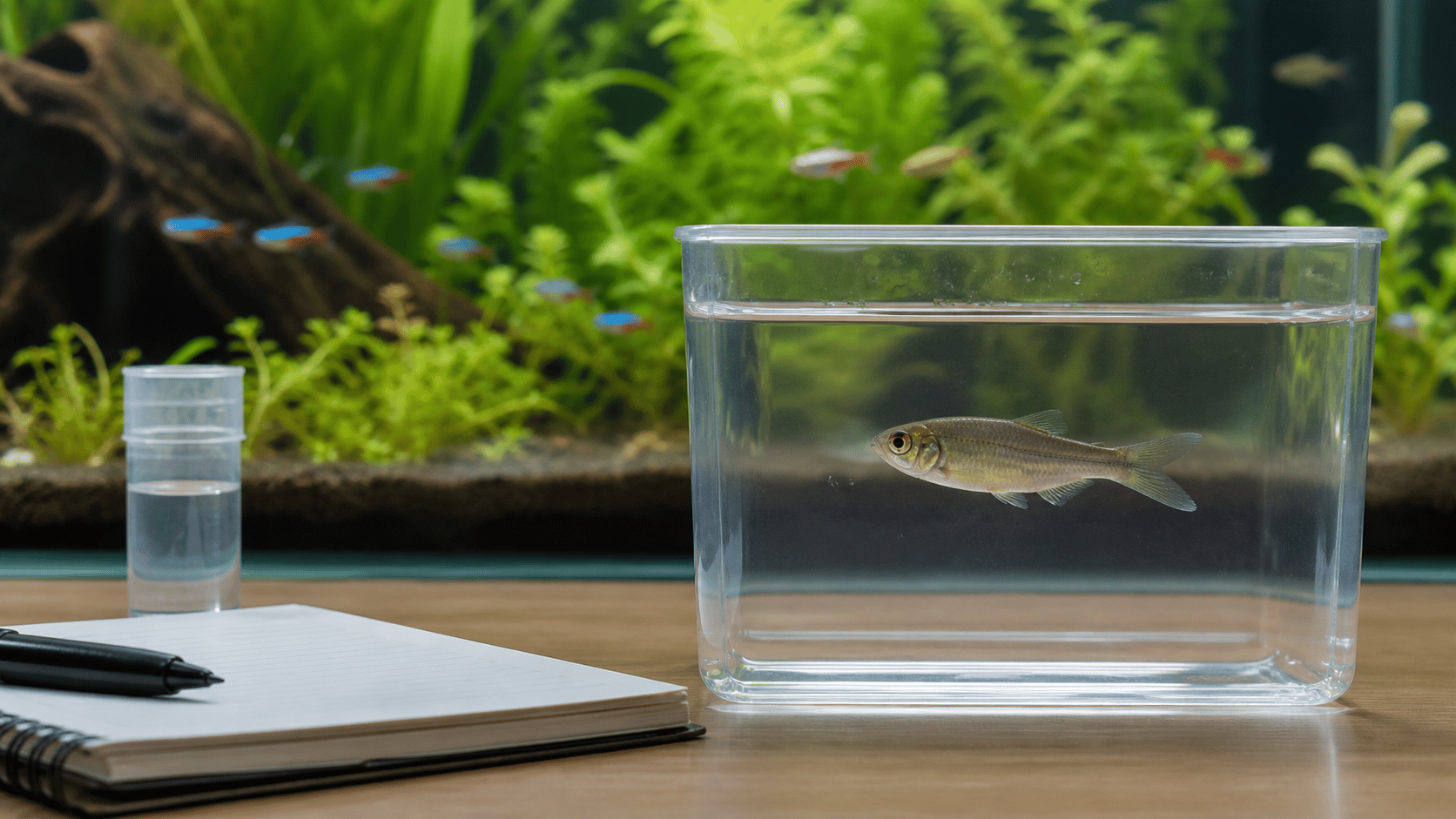 A fish in a temporary observation container beside a water sample and care log