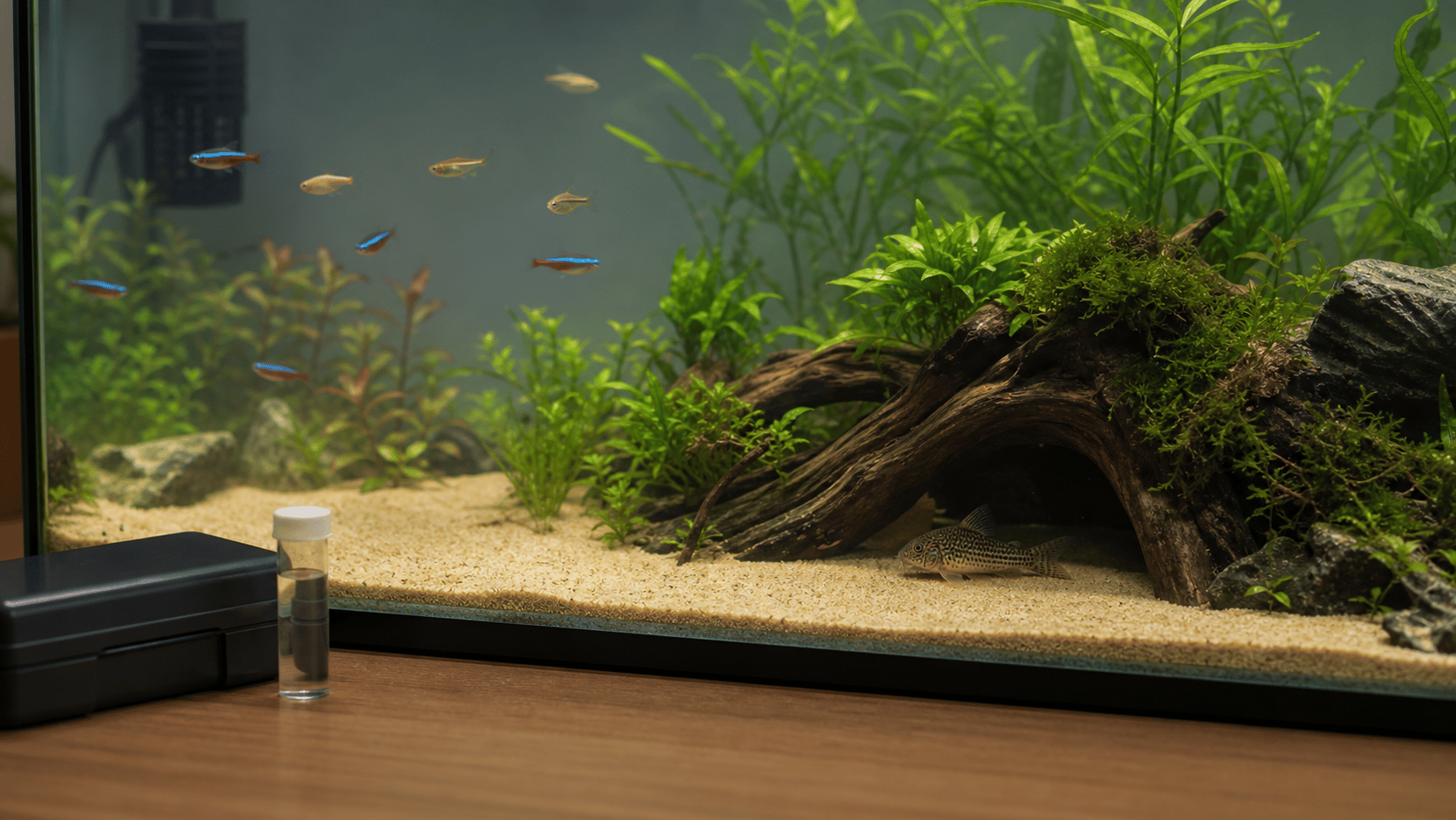 An aquarium observation scene with a sheltered lower area and a water-test sample