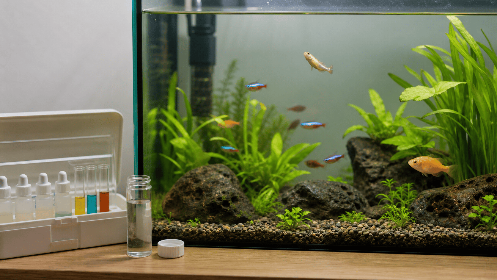 An aquarium observation scene with a fish at an unusual angle and water-testing supplies