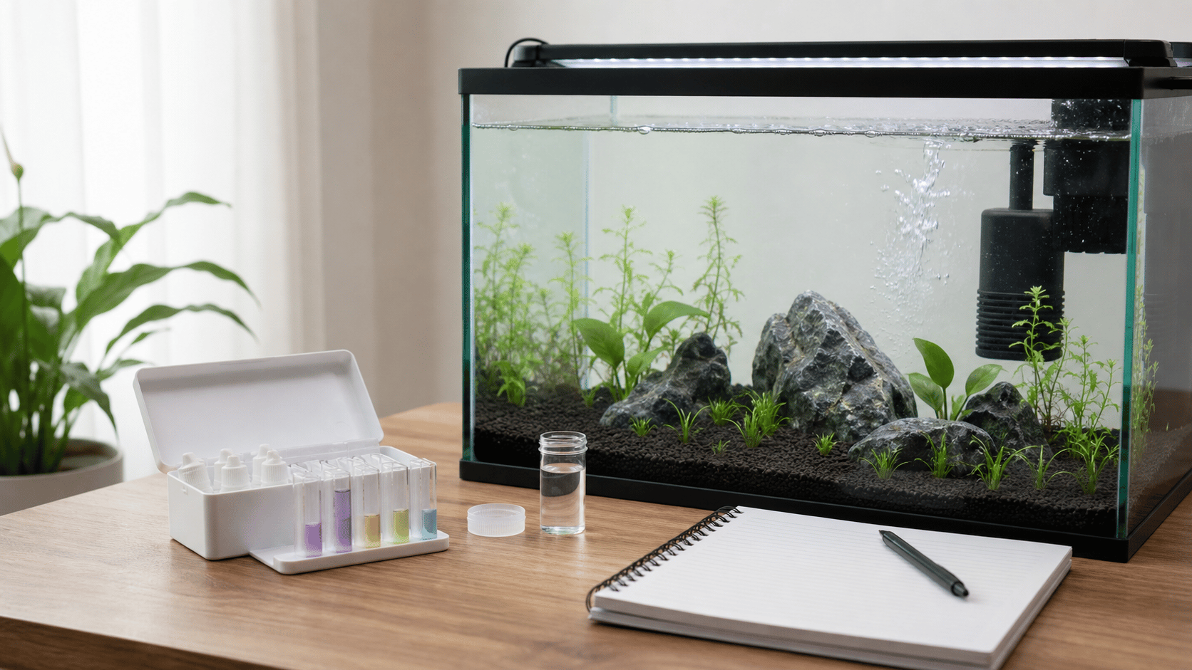 A newly set up fishless aquarium with a running filter and water-testing kit