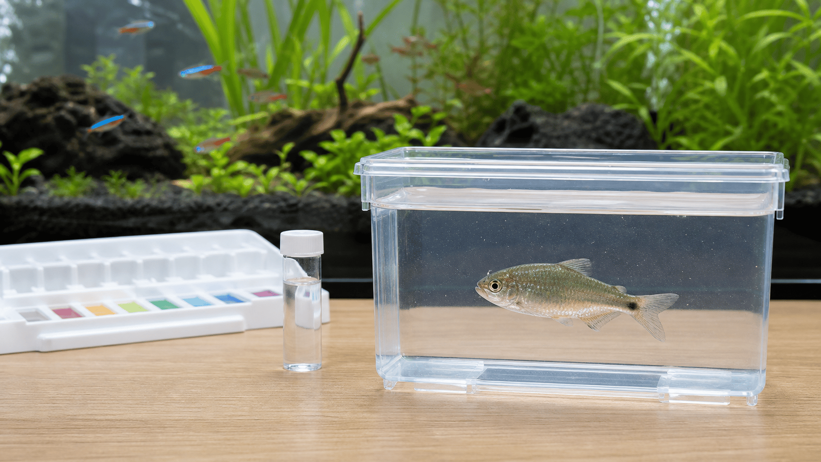 A quarantine observation container with a fish, water-test kit, and sample vial