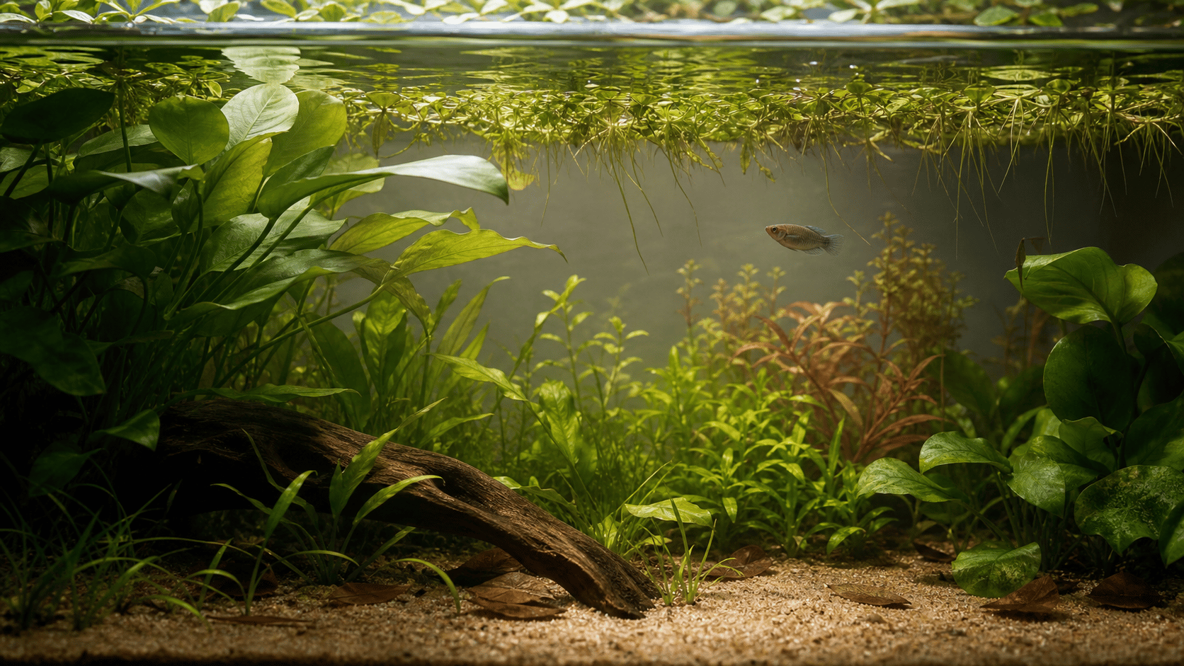 Slow-flow planted aquarium with floating plants and sheltered open water