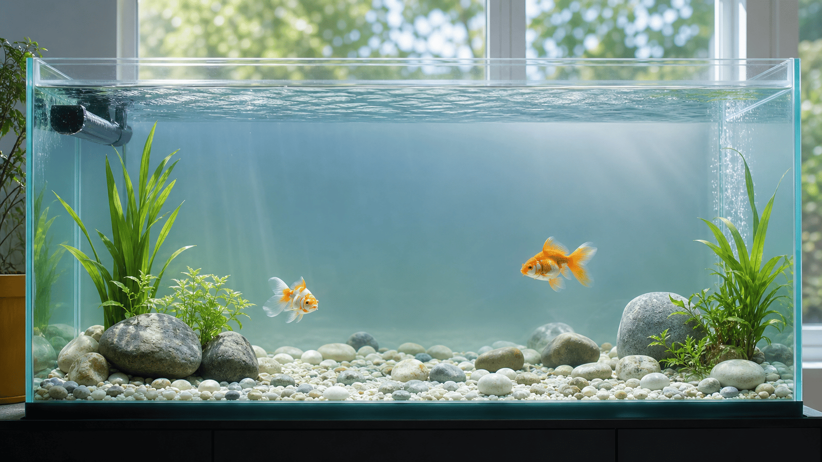 Spacious cool-water aquarium with open swimming room and smooth rounded decor